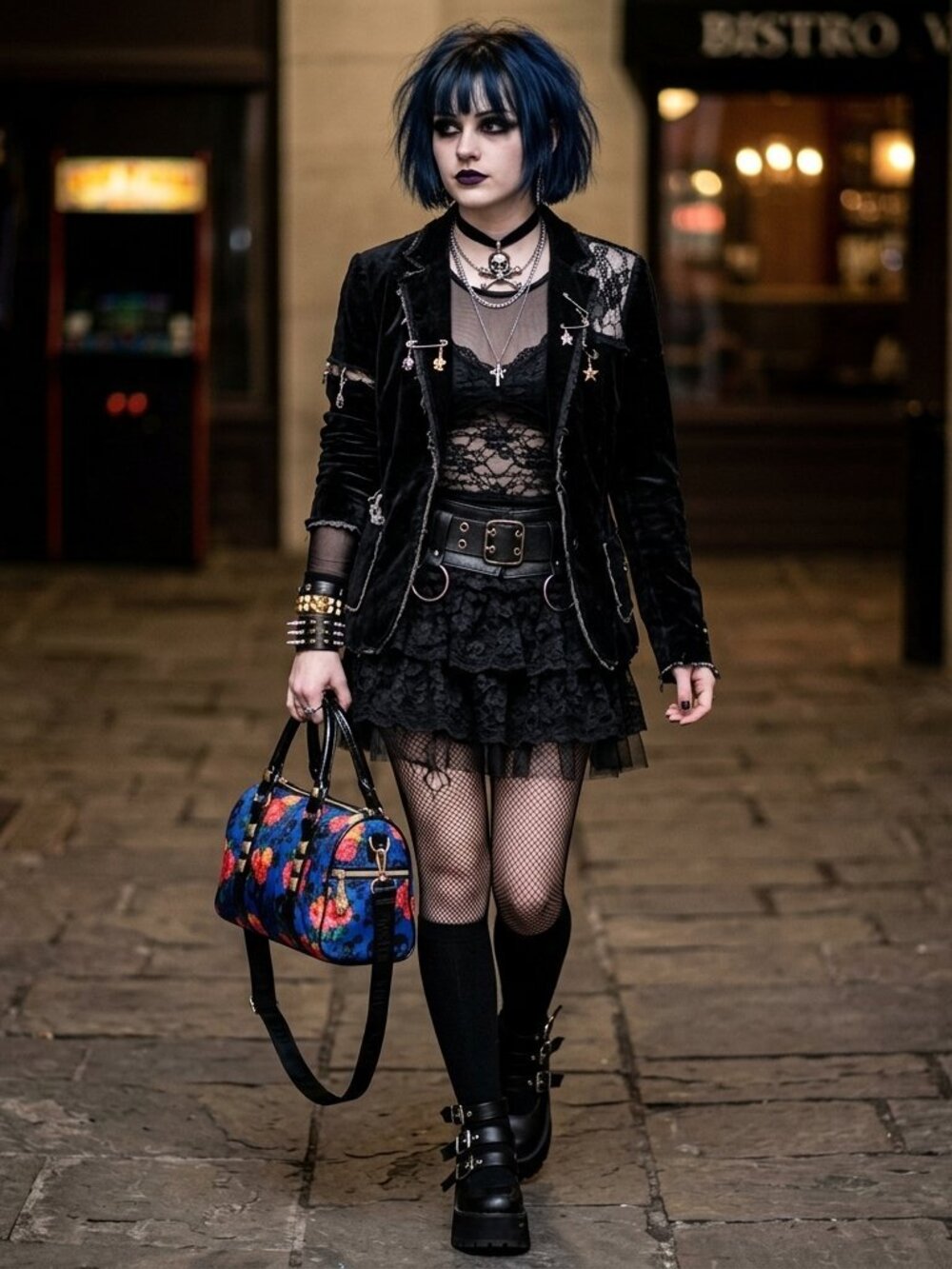 Betsey Johnson Skull Rose Floral Nylon Barrel Duffel Bag Studded Crossbody Goth - Picture 10 of 11
